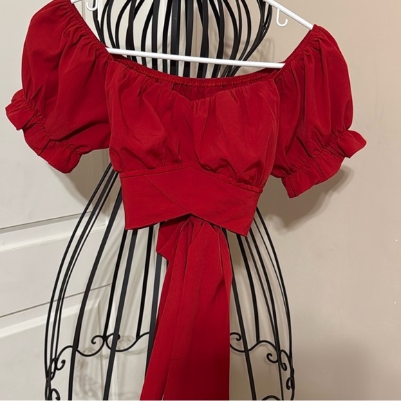 LYANER Women's Ruffle Short Sleeve Tie Up Back Crop Top Off Shoulder Blouse NWOT - Picture 6 of 8